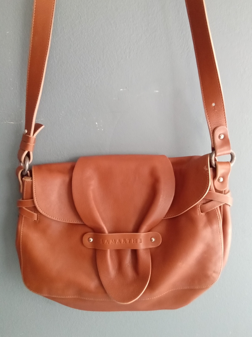 Lamarthe Paris Cognac Brown Leather Crossbody Bag Flap Closure Messenger